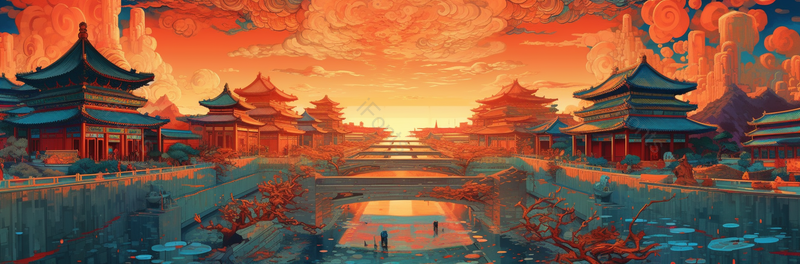 红色渐变大气国潮风插画晚霞夕阳阳光照射在故宫建筑干旱的河道,插画/手绘图,插画/手绘图库,插画/手绘图下载,插画/手绘